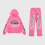 Bright pink Hellstar Brainwashed tracksuit featuring a hooded sweatshirt and matching sweatpants with graphic flame art.