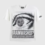 A white Hellstar Brainwashed crew neck t-shirt featuring a detailed eye graphic and bold streetwear typography.