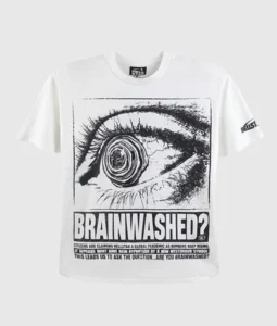 A white Hellstar Brainwashed crew neck t-shirt featuring a detailed eye graphic and bold streetwear typography.
