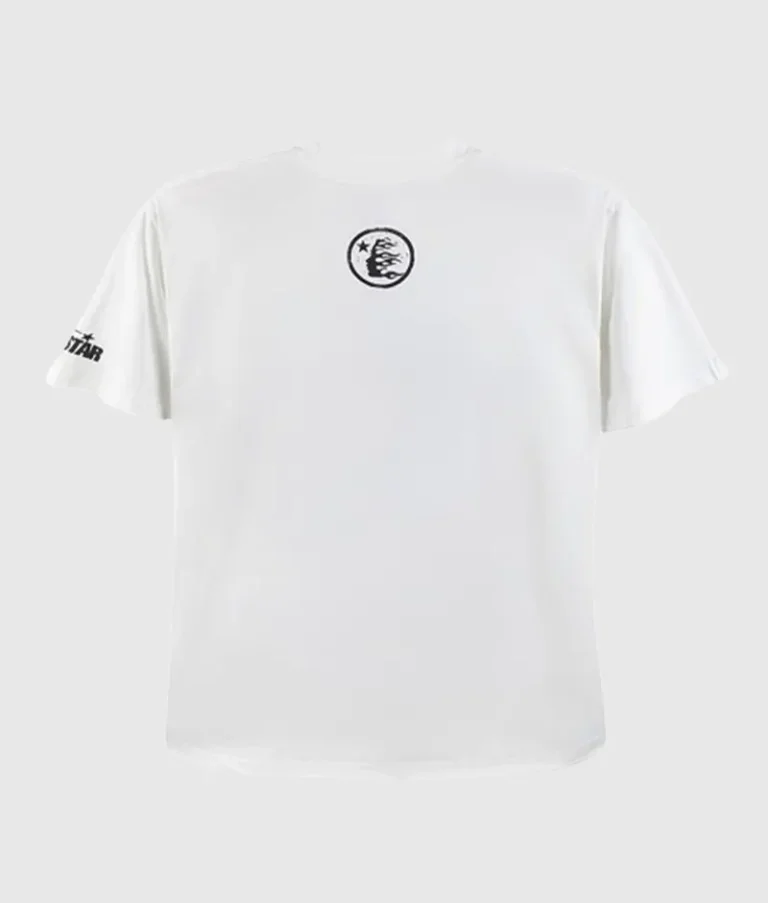 Back view of the Hellstar Brainwashed white graphic t-shirt featuring a small circular design on the neck area.