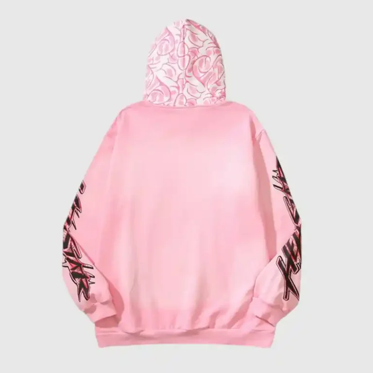 Back view of the Hellstar Brainwashed With Brain hoodie in pink featuring a graphic print on the sleeves and hood.