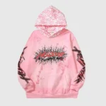 Front view of the Hellstar Brainwashed With Brain hoodie in pink featuring signature graphic print and fleece fabric.