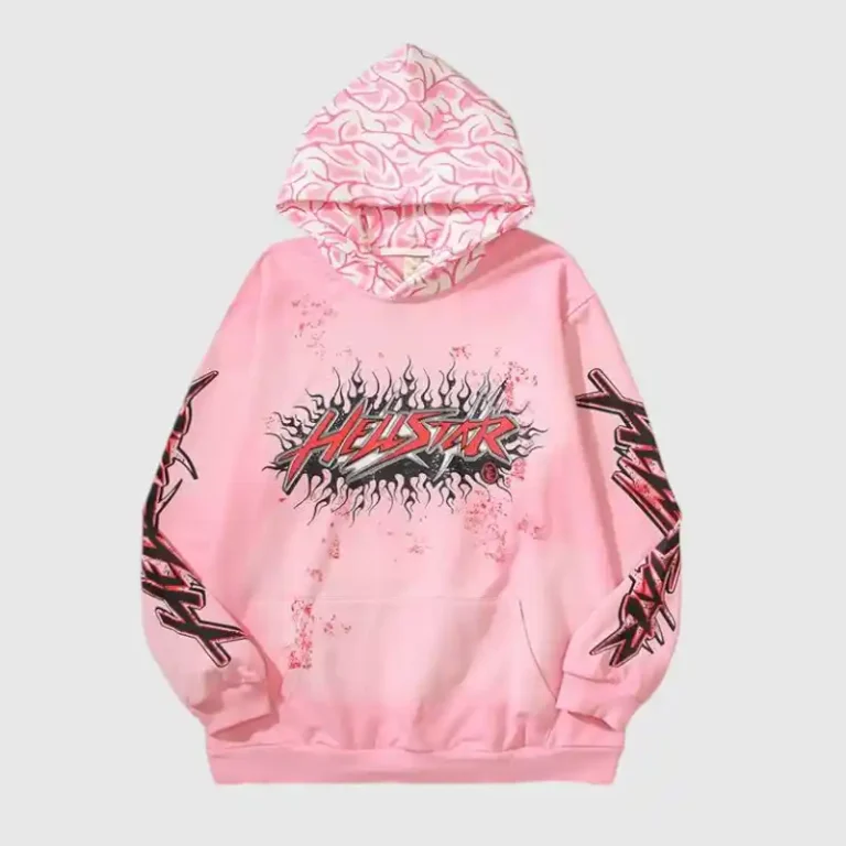 Front view of the Hellstar Brainwashed With Brain hoodie in pink featuring signature graphic print and fleece fabric.