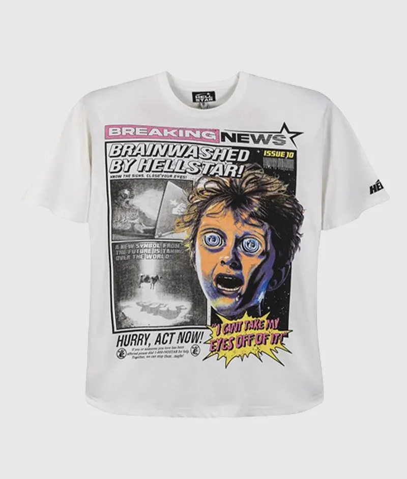 Hellstar Breaking News White T Shirt White Hellstar Breaking News T-shirt featuring a Brainwashed graphic print on the front, made from 100% premium cotton.