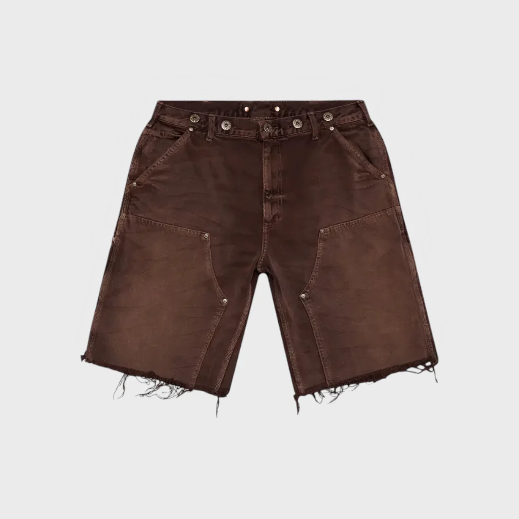 Hellstar Denim Shorts in Brown featuring a distressed streetwear design with rugged heavyweight cotton construction.
