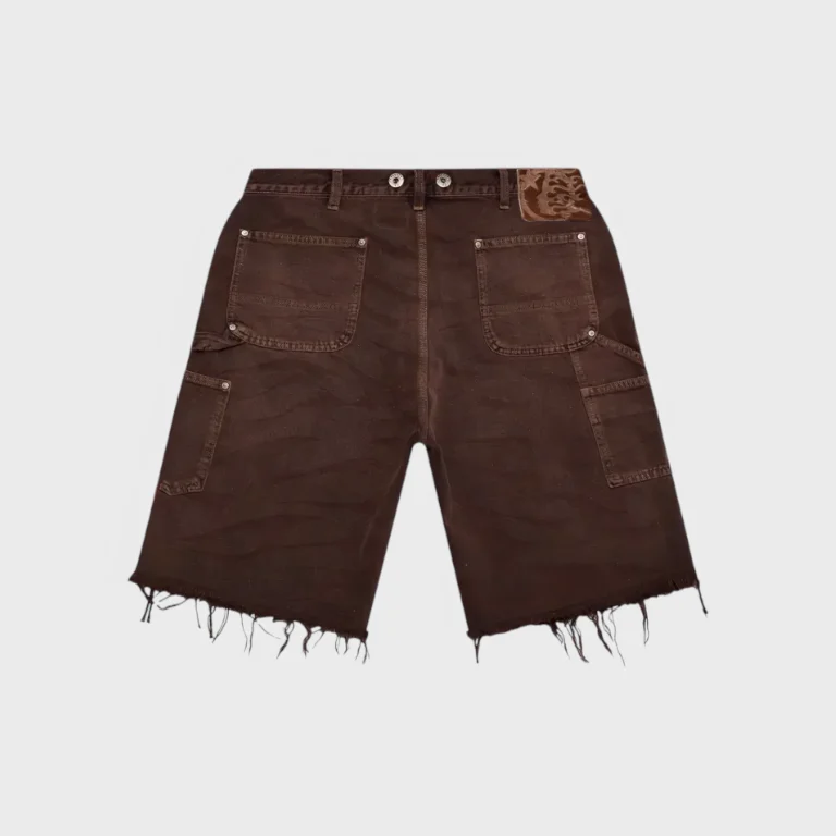 Premium Hellstar brown denim shorts featuring a relaxed streetwear fit, heavy cotton construction, and raw frayed hems.