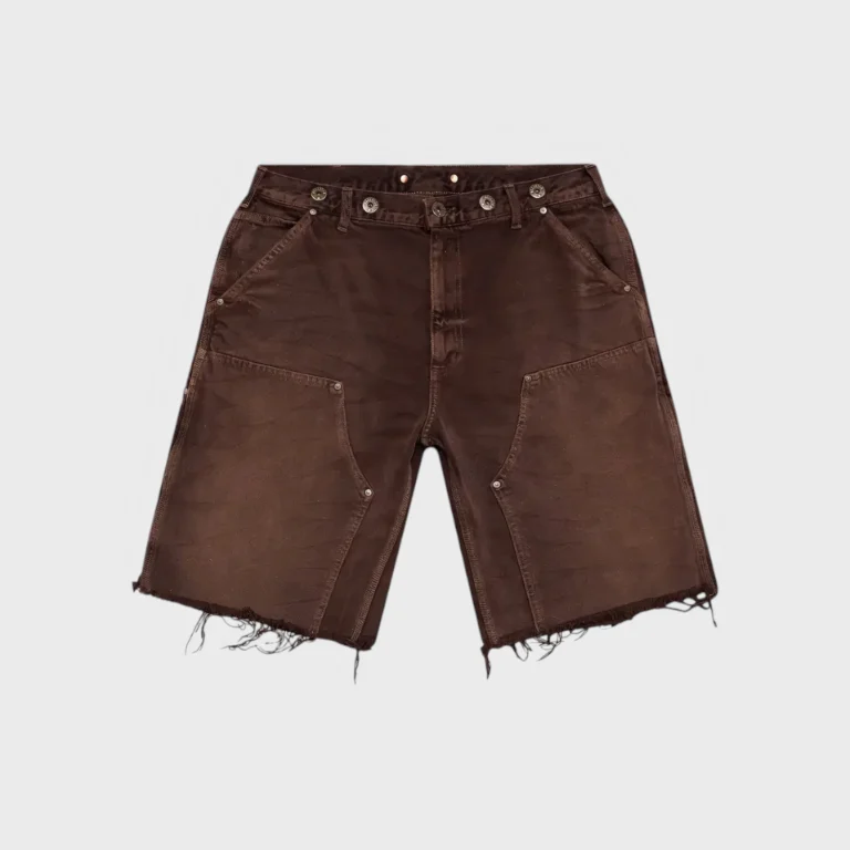 Hellstar Denim Shorts in Brown featuring a distressed streetwear design with rugged heavyweight cotton construction.