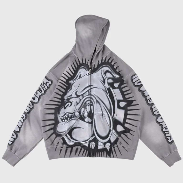 Hellstar Grey Bull Dog Graphic Zip-Up Hoodie featuring premium cotton fleece and bold urban streetwear design.