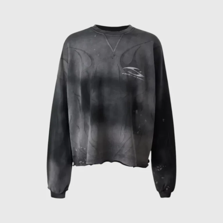 Hellstar Burned Tribal Oversize Sweater in washed black with a distressed finish and graphic logo on the chest.