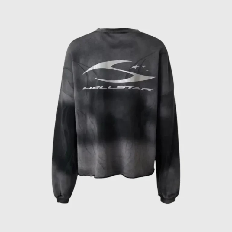 Back view of the black Hellstar Burned Tribal Oversize Sweater featuring a large silver logo print on the back fabric.
