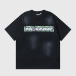 Black Hellstar Box Logo T-shirt with vintage camo print and graphic text on the front for streetwear fashion