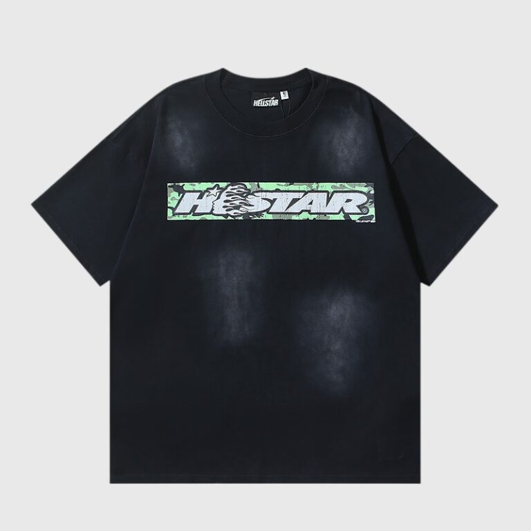 Black Hellstar Box Logo T-shirt with vintage camo print and graphic text on the front for streetwear fashion