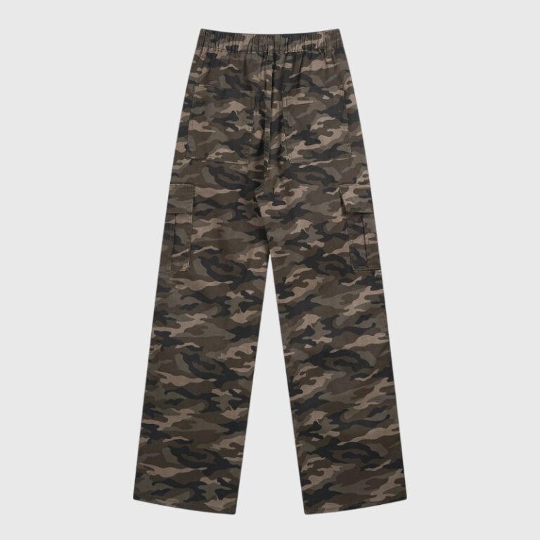 Back view of Hellstar camo cargo pants with side pockets and elastic waist in a durable cotton camouflage fabric.