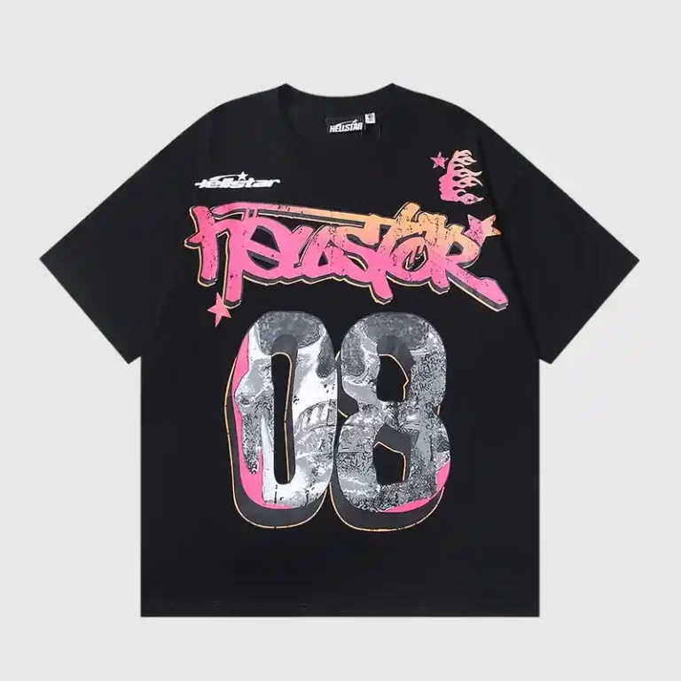 Front view of the black Hellstar Capsule 08 T-shirt featuring graphic graffiti text and a unique number 08 design.