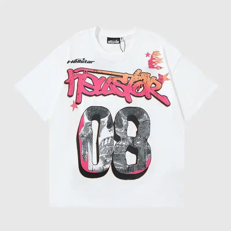 Front view of the white Hellstar Capsule 08 T-Shirt featuring graphic screen prints on premium cotton fabric.