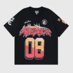 Hellstar Capsule 8 black graphic T-shirt with red and orange geometric 08 print and artistic sleeve details.