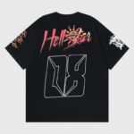 Hellstar Capsule 8 black cotton tee back view with bold Hellstar logo, flame sleeve art and large outlined "08" graphic