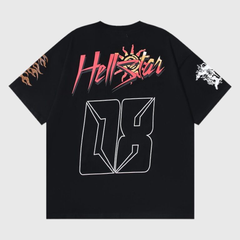 Hellstar Capsule 8 black cotton tee back view with bold Hellstar logo, flame sleeve art and large outlined "08" graphic