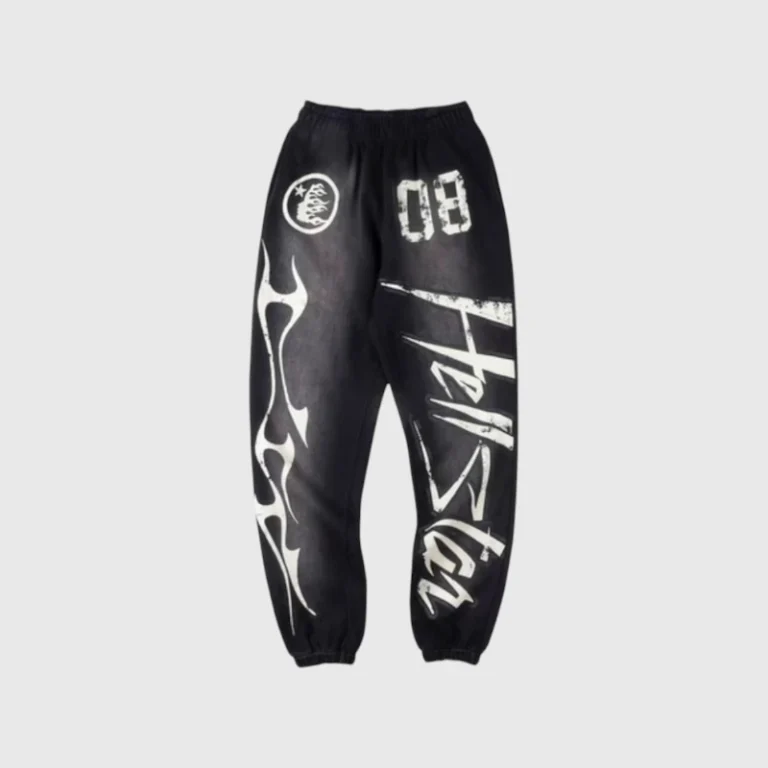 Hellstar Capsule 8 Paradise Black Sweatpants with signature white vintage washed graphic print and drawstring closure.