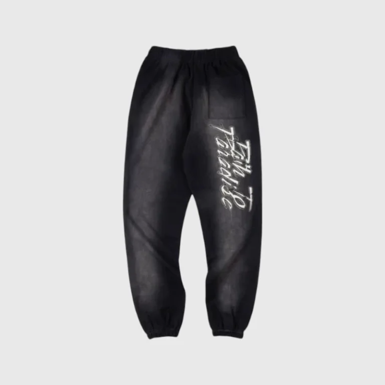 Front view of black Hellstar Capsule 8 Paradise sweatpants featuring a white graphic print on the leg.