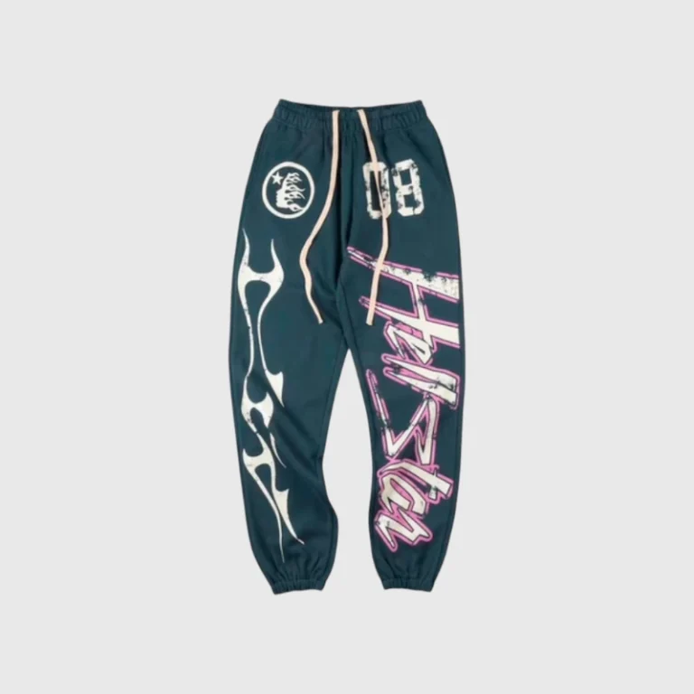 Dark green Hellstar Capsule 8 Paradise sweatpants featuring white flame graphics and unique screen printed branding.