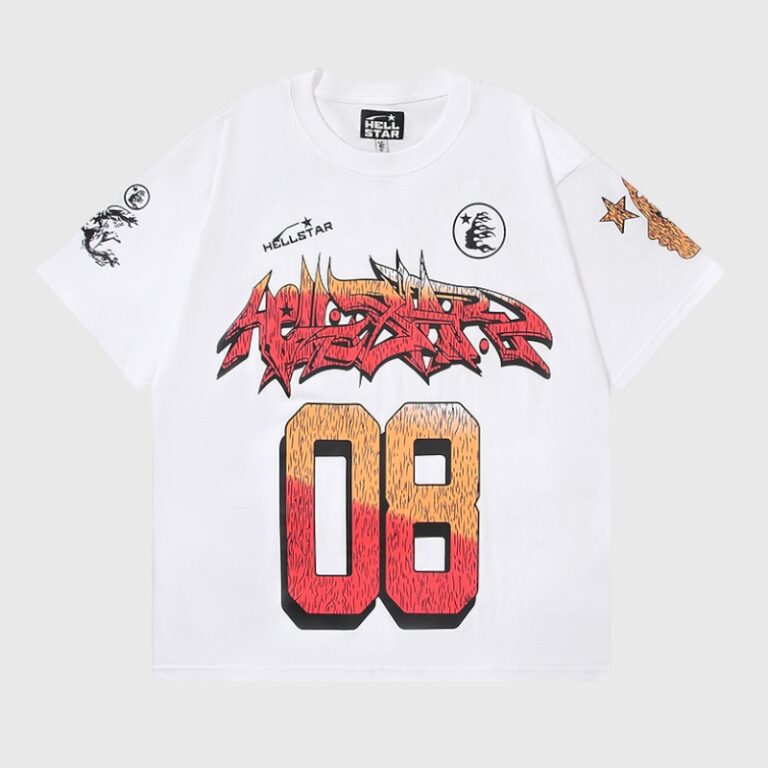 Hellstar Capsule 8 white graphic T‑shirt with bold red graffiti logo, flame-effect "08" number and sleeve prints, 100% cotton