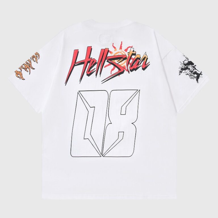 Hellstar Capsule 8 white t-shirt back showing large outlined "08", red Hellstar logo and sleeve graphics, 100% cotton