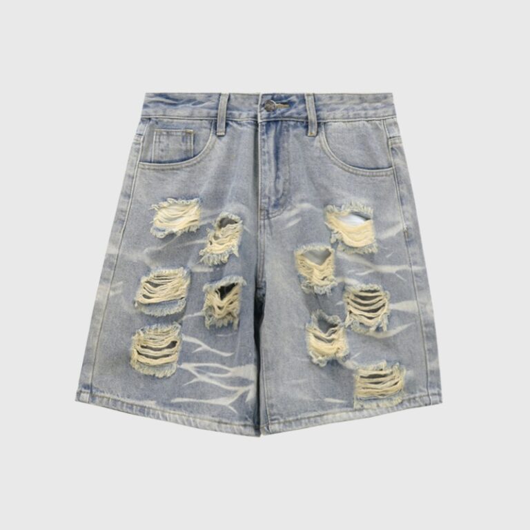 Hellstar Capsule 9 distressed blue denim shorts with a vintage stone-washed finish and a Y2K baggy oversized fit.