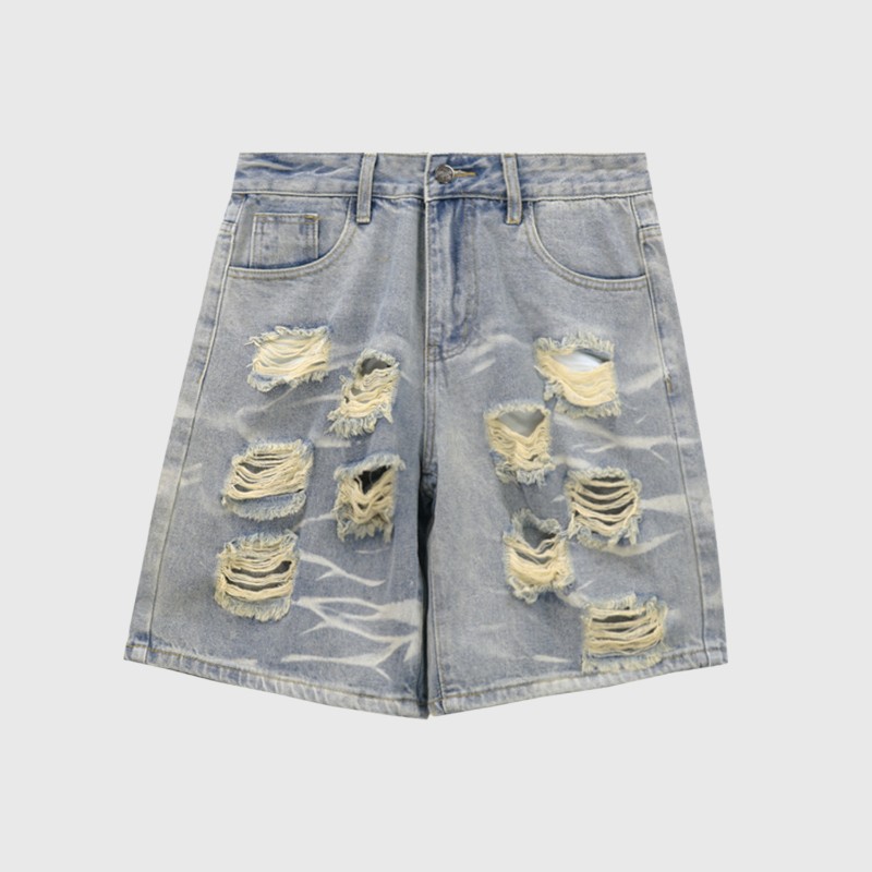Hellstar Capsule 9 Distressed Denim Shorts Hellstar Capsule 9 distressed blue denim shorts with a vintage stone-washed finish and a Y2K baggy oversized fit.