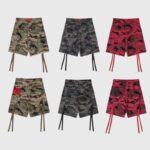 Hellstar cargo shorts collection in green, grey, and red camouflage prints with tactical utility pockets and straps.