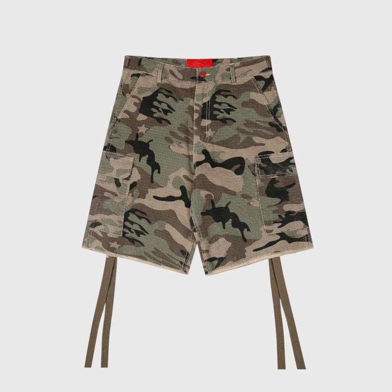 Hellstar Cargo Shorts Camo Print Hellstar cargo shorts in a green camouflage print featuring tactical cargo pockets, hanging straps, and a frayed hem.