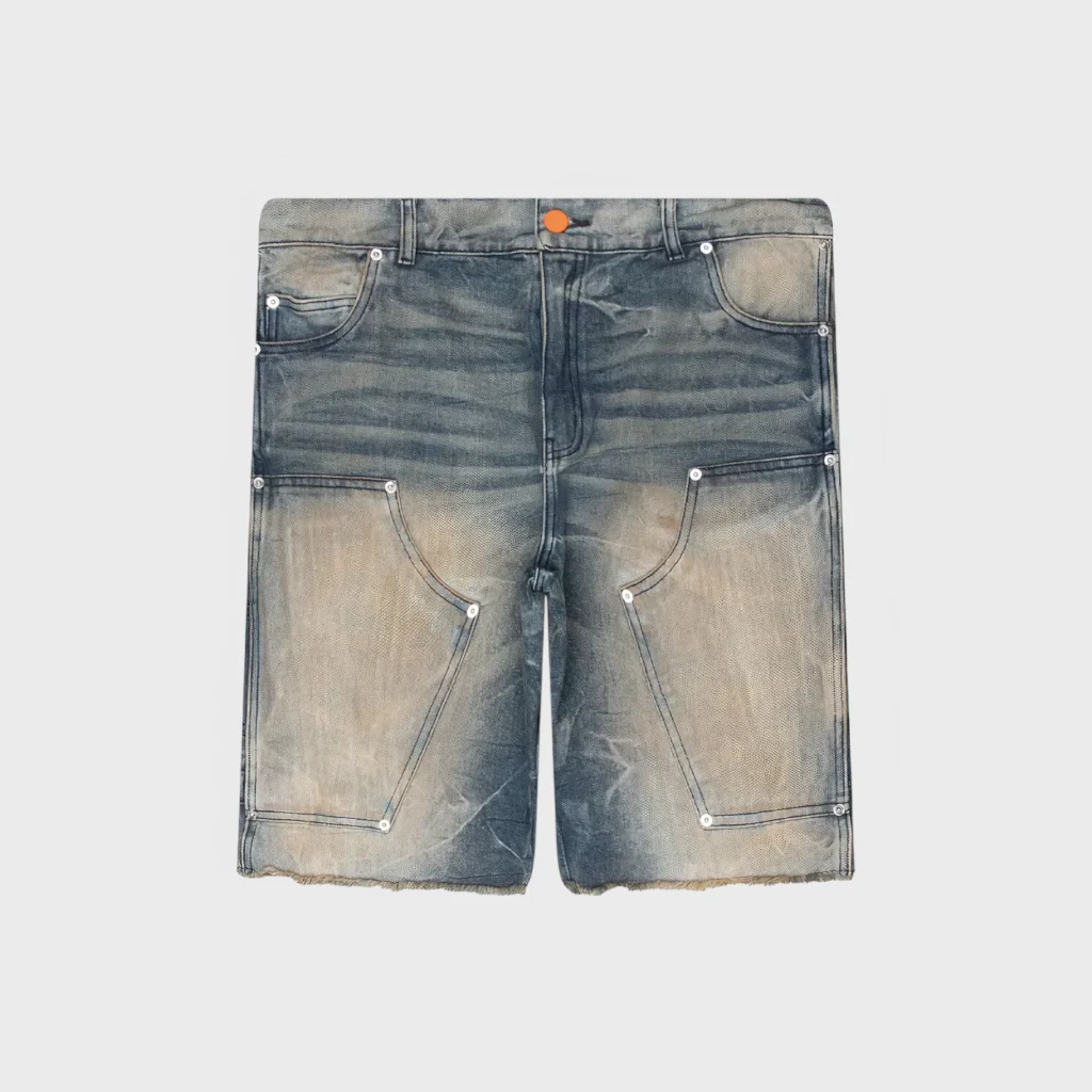 Hellstar Carpenter Denim Jorts in vintage blue wash featuring a relaxed fit, utility pockets, and premium cotton fabric.