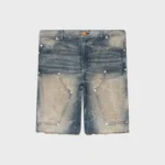 Hellstar Carpenter Denim Jorts in vintage blue wash featuring a relaxed fit, utility pockets, and premium cotton fabric.