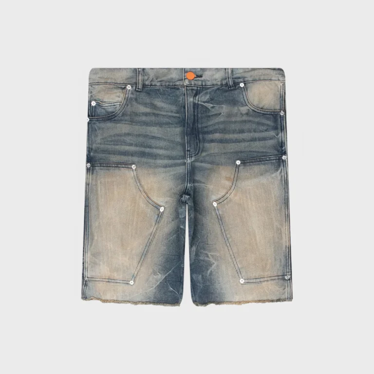 Hellstar Carpenter Denim Jorts in vintage blue wash featuring a relaxed fit, utility pockets, and premium cotton fabric.