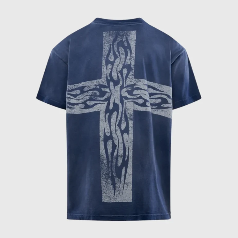 Back view of the Hellstar Carry Your Cross T-shirt in dark blue, featuring a large, vintage-style cross graphic.