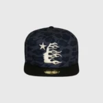 Black Hellstar snapback hat featuring a stylish all-over cheetah print pattern and an embroidered logo on the front.