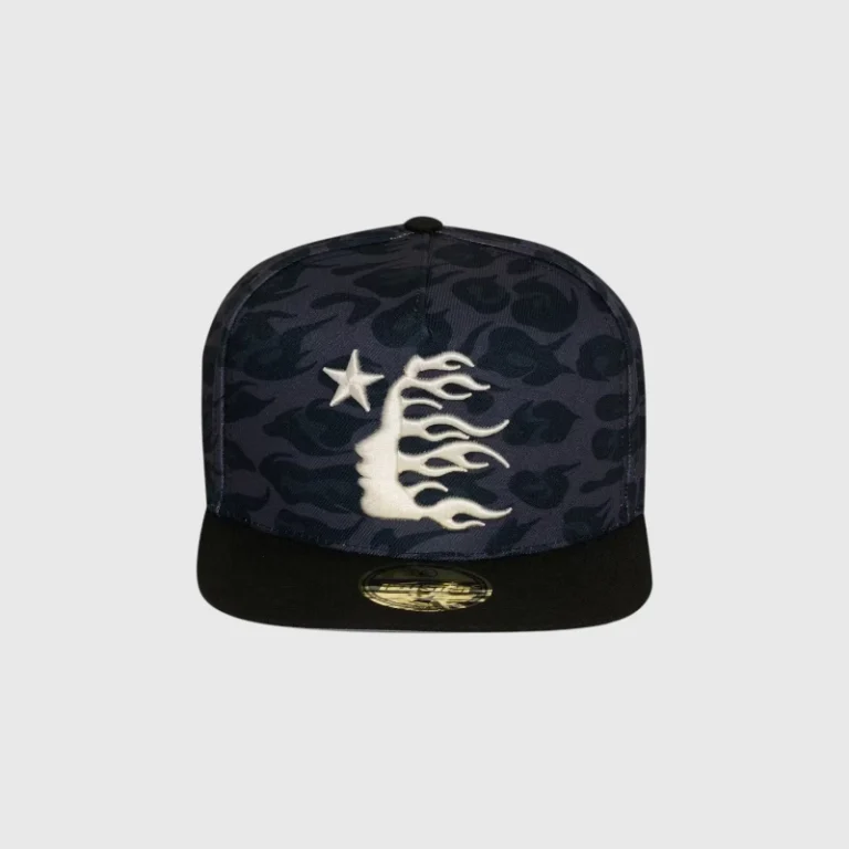 Black Hellstar snapback hat featuring a stylish all-over cheetah print pattern and an embroidered logo on the front.
