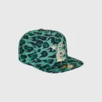 Hellstar green cheetah print fitted hat featuring iconic brand logo branding for a stylish streetwear look.