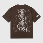 The back view of a brown Hellstar Cherubs t-shirt featuring a large white graphic design with cursive lettering.