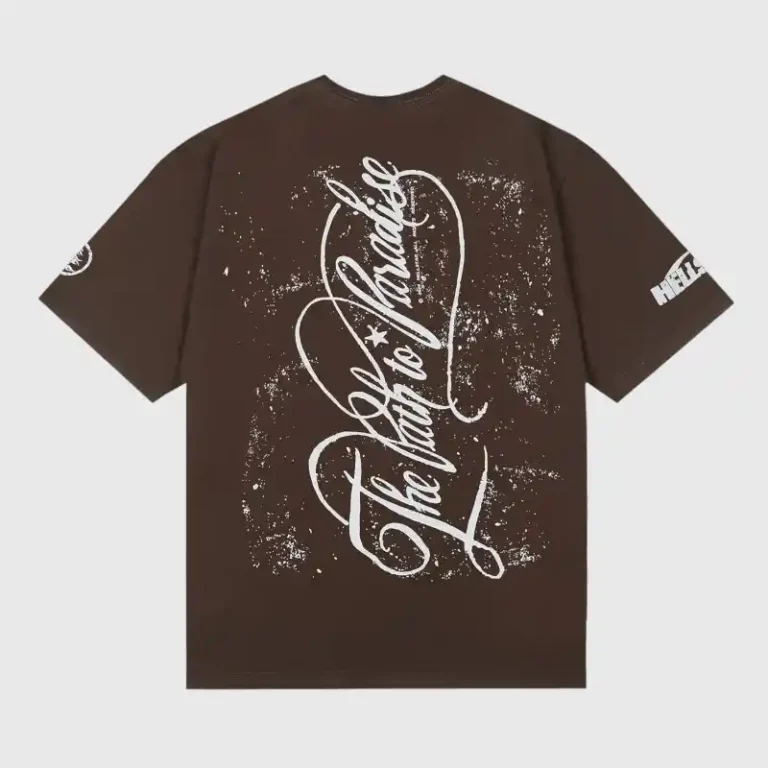 The back view of a brown Hellstar Cherubs t-shirt featuring a large white graphic design with cursive lettering.