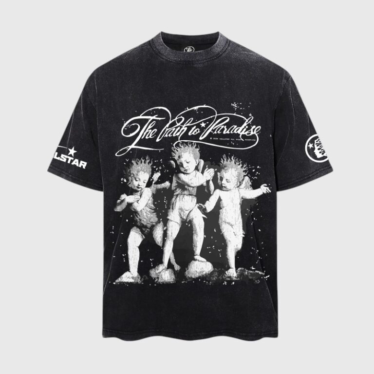 Hellstar Cherubs T-shirt in washed black with The Path to Paradise graphic and sleeve branding.