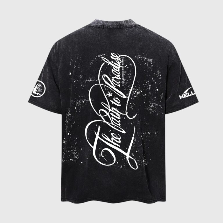 Back view of the Hellstar Cherubs vintage washed black t-shirt featuring The Path to Paradise white script graphic.