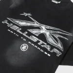 Hellstar Chrome Logo Black T-Shirt featuring a metallic high-gloss graphic print on premium 100% cotton street apparel.