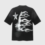 Back view of a black Hellstar cotton t-shirt featuring a metallic chrome-finish graphic logo and star design.