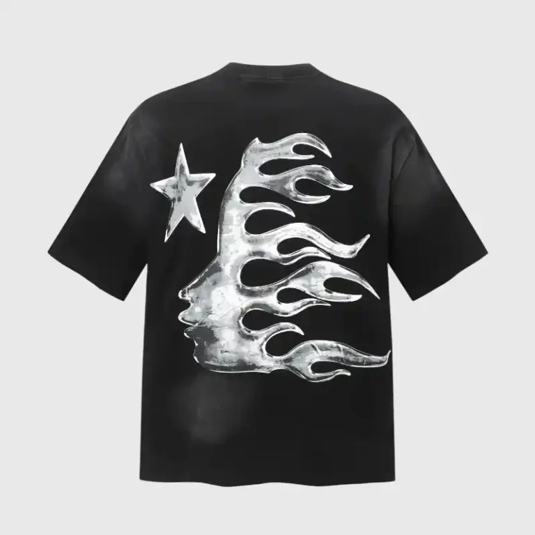 Back view of a black Hellstar cotton t-shirt featuring a metallic chrome-finish graphic logo and star design.
