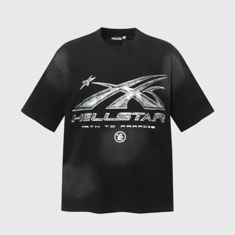 Front view of the black Hellstar Chrome Logo T-shirt featuring a metallic graphic print on premium cotton fabric.