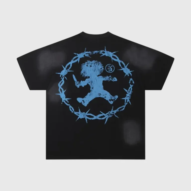 Black Hellstar T-shirt featuring a blue distressed Chucky graphic print inside a barbed wire circle design.