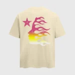 Cream-colored Hellstar Classic T-shirt featuring a unique graphic of a flaming profile silhouette and a star icon.