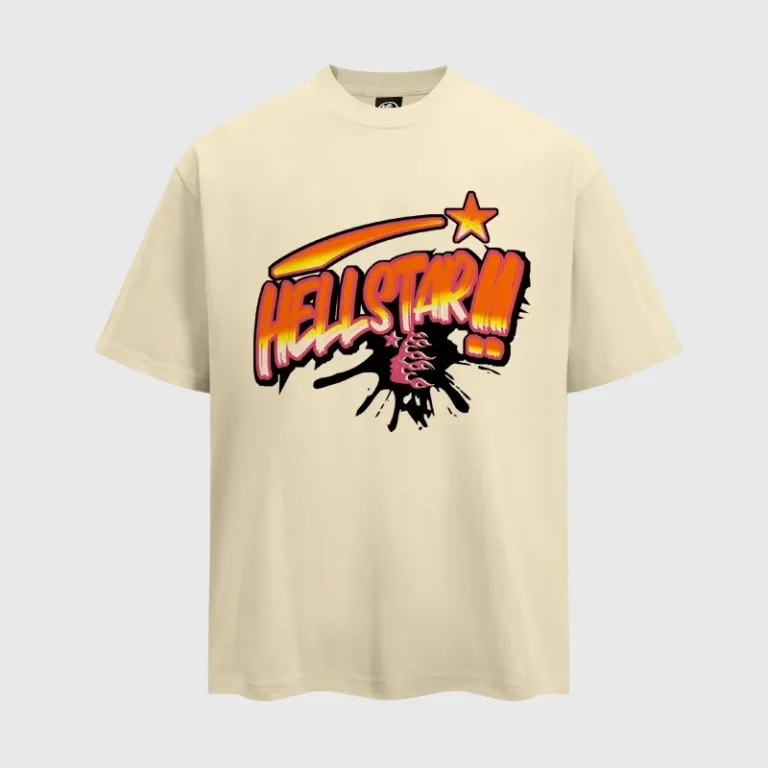 Hellstar Classic Cream graphic t-shirt featuring a vibrant orange and red logo design on premium quality cotton fabric