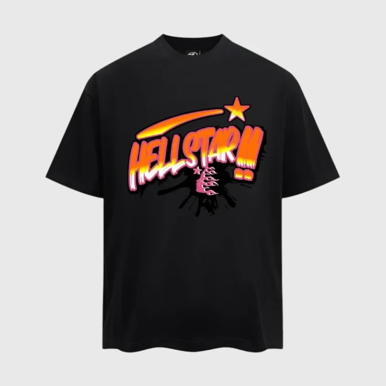 Hellstar Classic graphic black t-shirt featuring a vibrant orange and pink logo design on soft 100% cotton fabric.